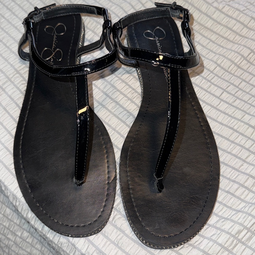 Jessica Simpson Black Patent T-Strap Women's Sandals